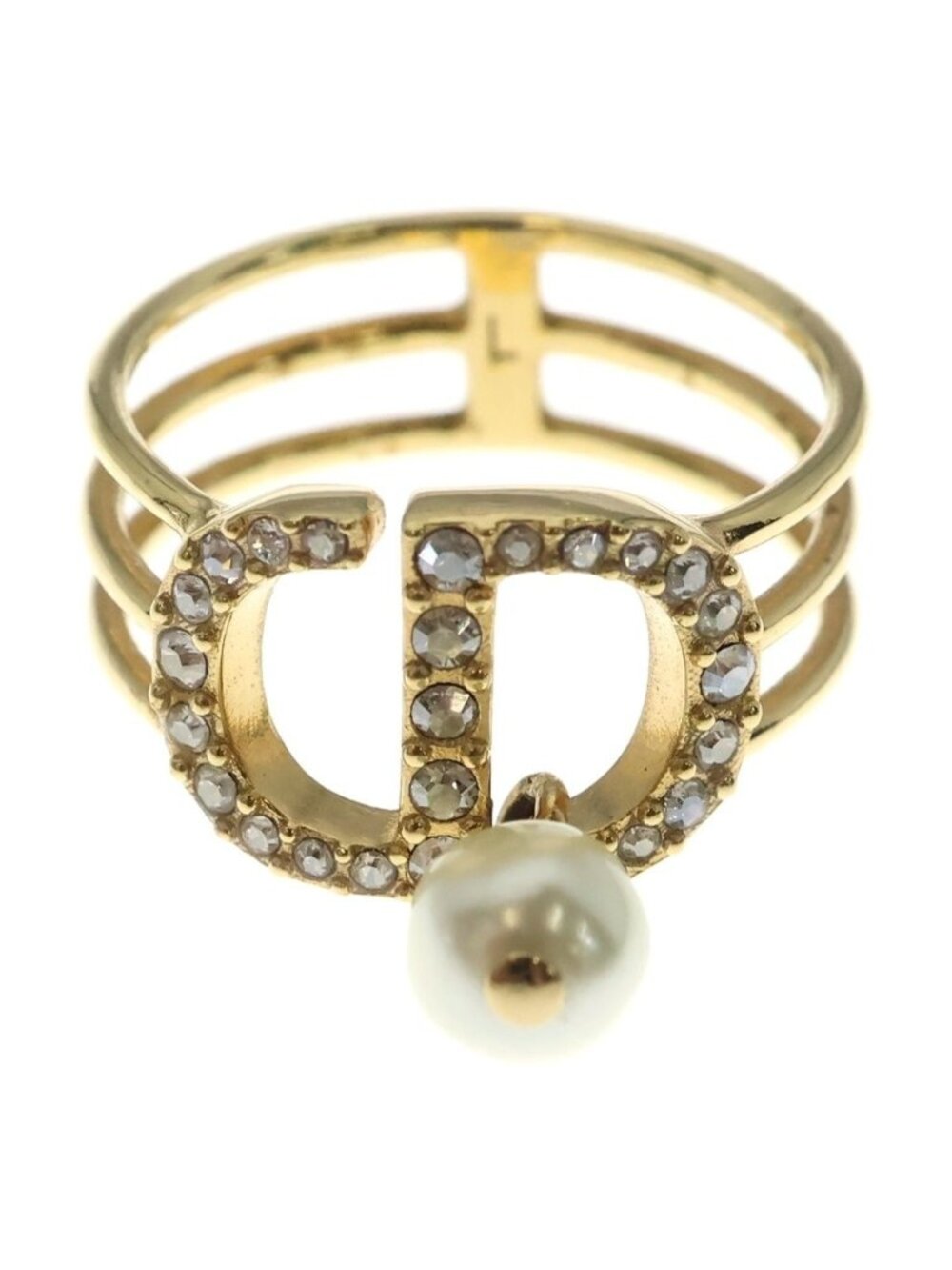 Dior CD Logo Faux Pearl Ring Rhinestone Gold Plated